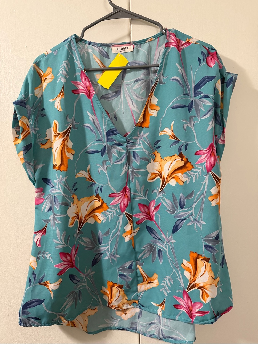 ANDREE BY UNIT Teal Floral V-Neck Short Sleeve Blouse